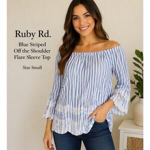 Ruby Rd. Blue Striped Off the Shoulder Flare sleeve shirt womens size small